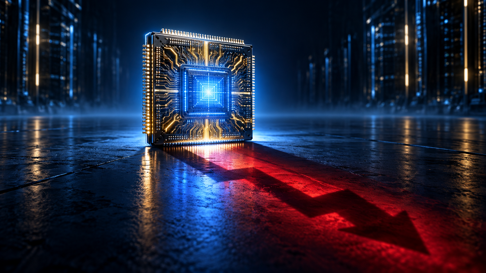 A glowing AI chip casts a red downward arrow across a data center floor, illustrating strong technology demand and falling stock prices.
